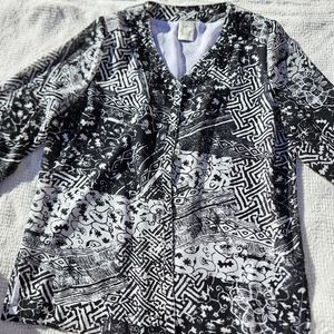 Allison Daley Womens Blouse Shirt Button Up Size 10 Black White Polyester Beaded
